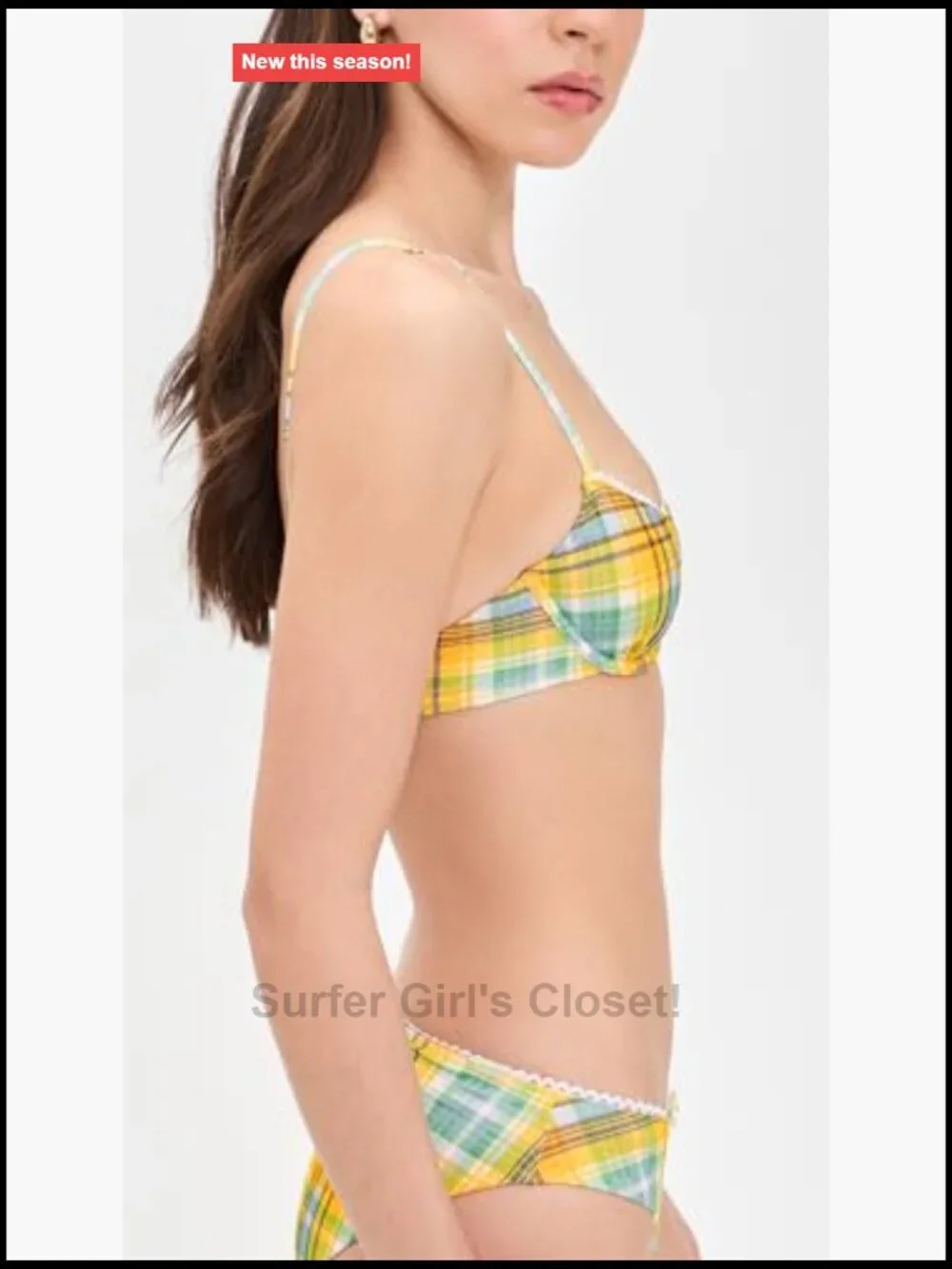 Plaid Lace Trim Underwire Bikini Top with Flower Embellishment